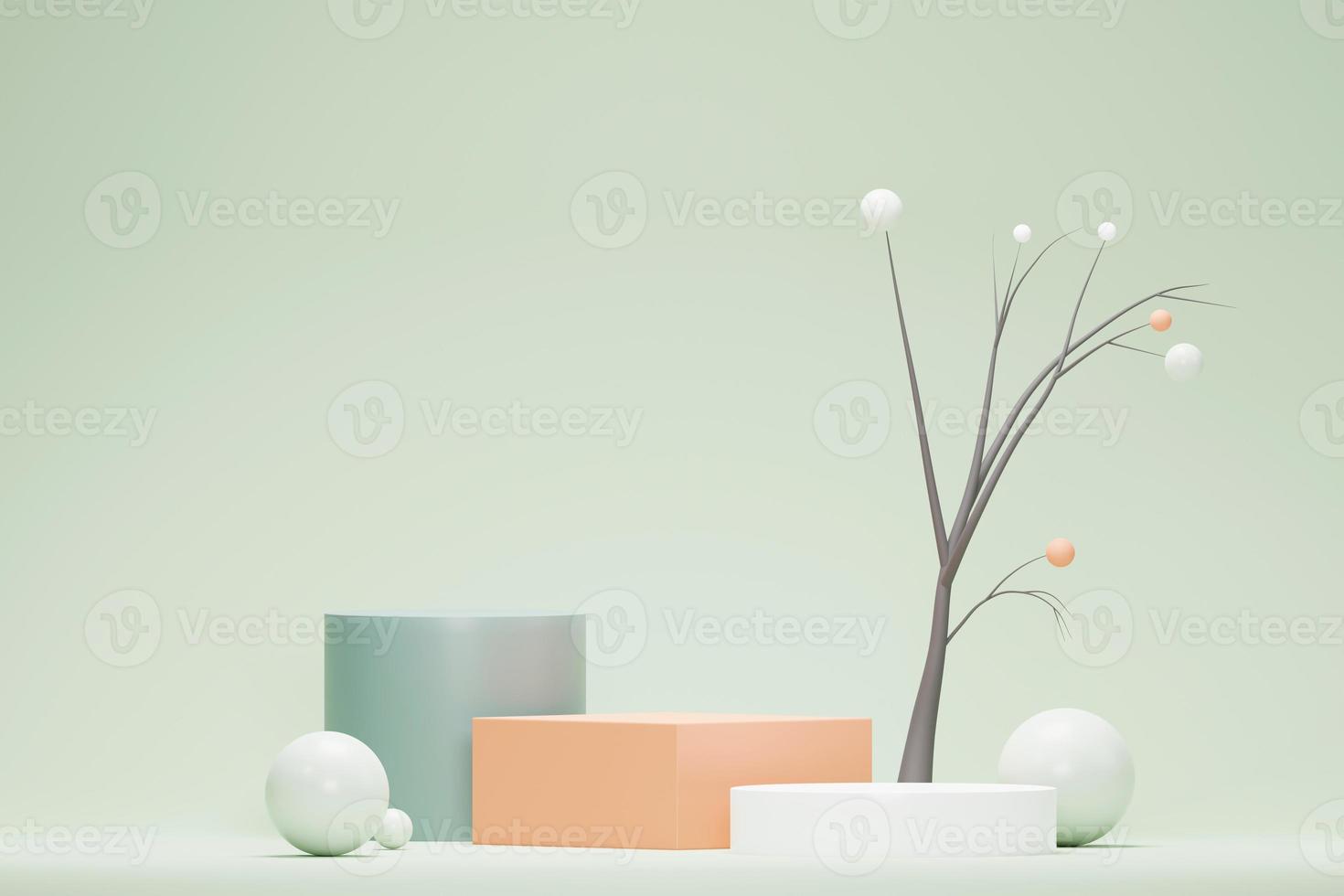 3d render Pastel Green minimal background with podium stand. Green stage platform for cosmetic product presentation and advertising. Studio scene with showcase pedestal in clean design. photo