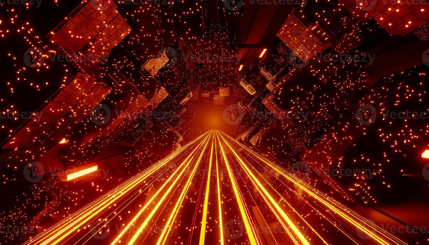 3d render of flash neon and light glowing on dark scene. Speed light moving lines. photo