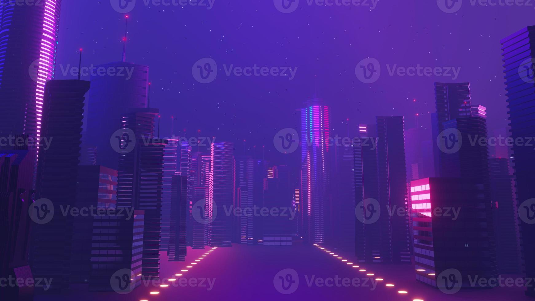 3d render of Cyber night mega city landscape scene. Light glowing and reflection on dark tech scene. Night life. Technology network for 5g. Beyond futuristic of Sci-Fi Capital city and building scene. photo