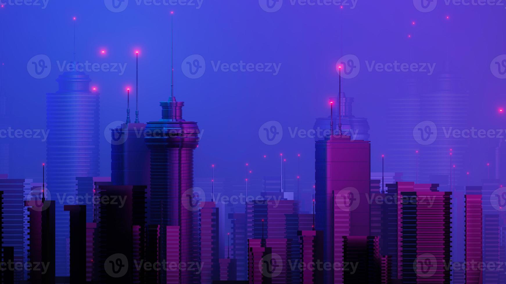 3d render of Cyber night mega city landscape scene. Light glowing and reflection on dark tech scene. Night life. Technology network for 5g. Beyond futuristic of Sci-Fi Capital city and building scene. photo