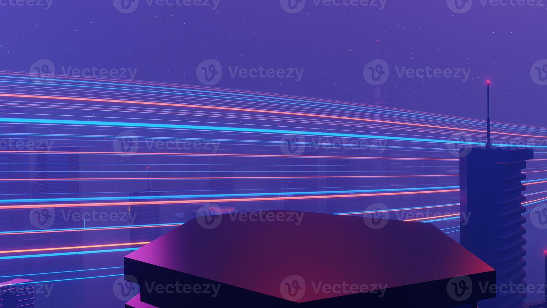 3d render of Cyber night mega city landscape scene. Light glowing and reflection on dark tech scene. Night life. Technology network for 5g. Beyond futuristic of Sci-Fi Capital city and building scene. photo