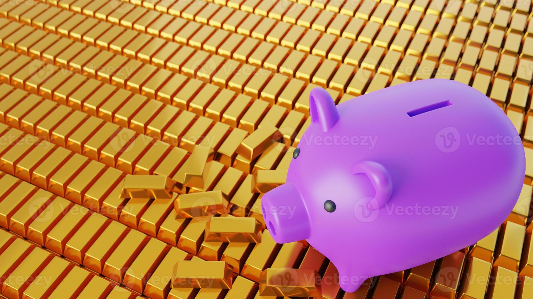 3D rendering Purple pig Goldbarpattern background for banner and illustration advertising photo