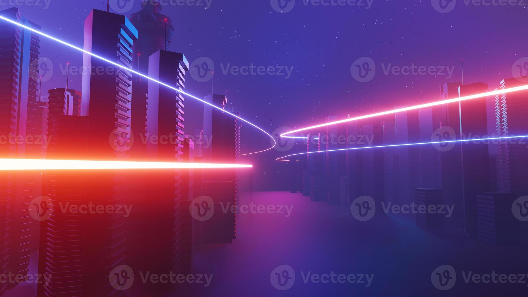 3d render of Cyber night mega city landscape scene. Light glowing and reflection on dark tech scene. Night life. Technology network for 5g. Beyond futuristic of Sci-Fi Capital city and building scene. photo