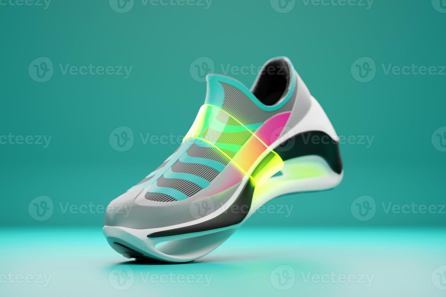 3d illustration of sneakers with bright gradient holographic print. Stylish concept of stylish and trendy sneakers photo