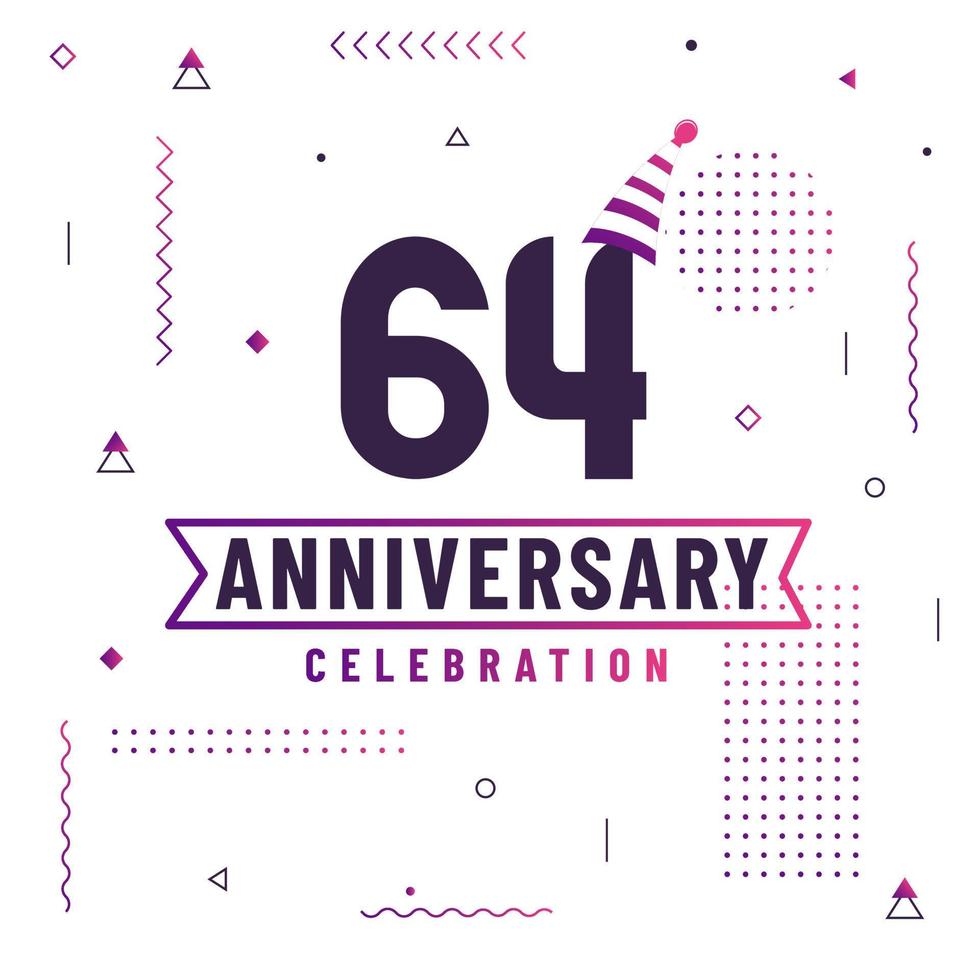 Tarjeta de saludos de aniversario de 64 años, vector libre de fondo de celebración de 64 aniversario.