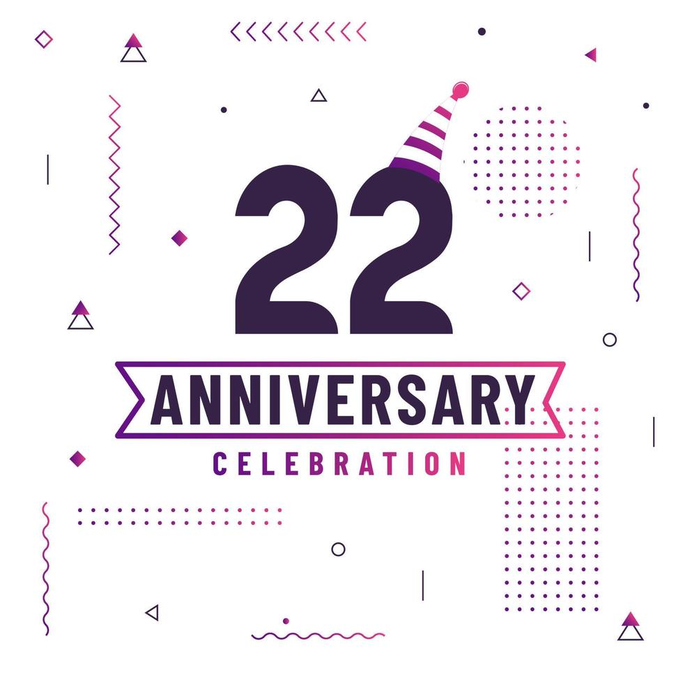 Tarjeta de saludos de aniversario de 22 años, vector libre de fondo de celebración de 22 años.
