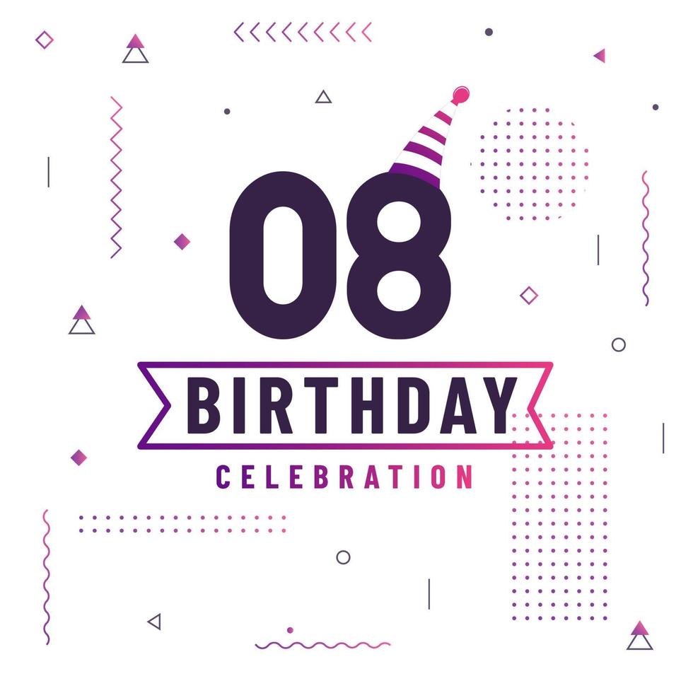 Tarjeta de saludos de cumpleaños de 8 años, vector libre de fondo de celebración de 8 cumpleaños.