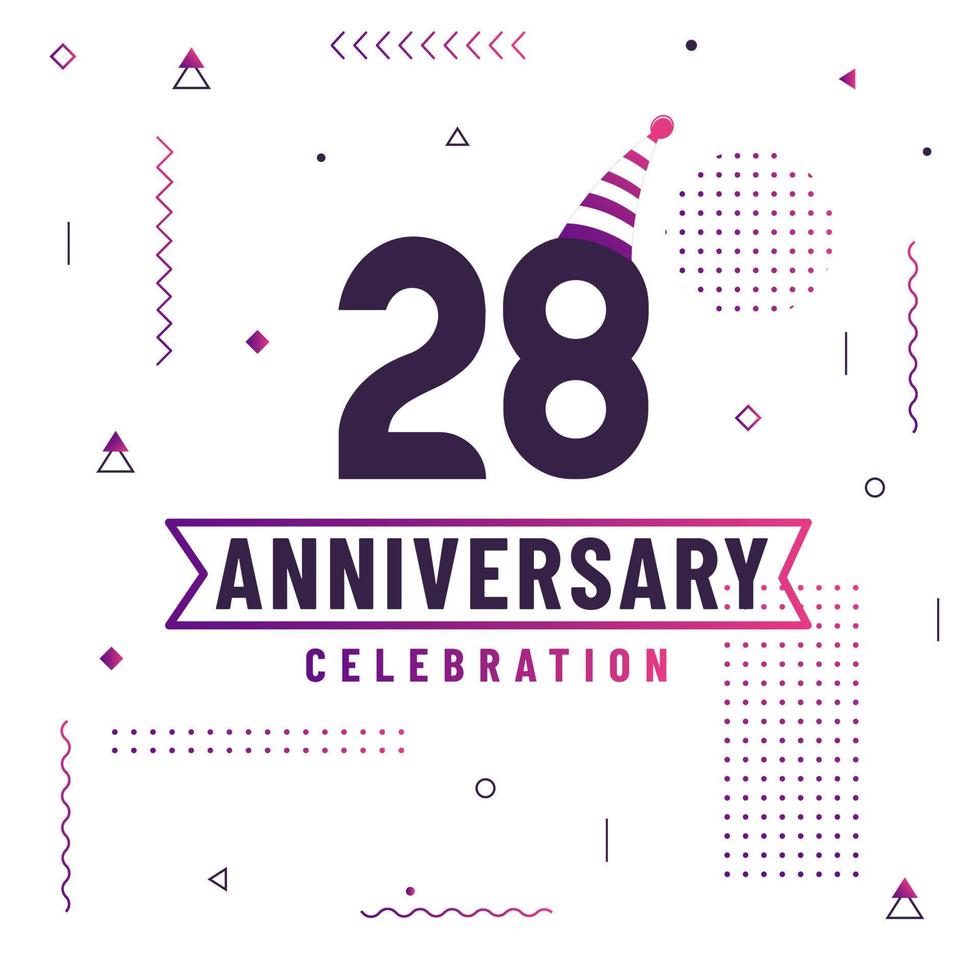 Tarjeta de saludos de aniversario de 28 años, vector libre de fondo de celebración de 28 aniversario.