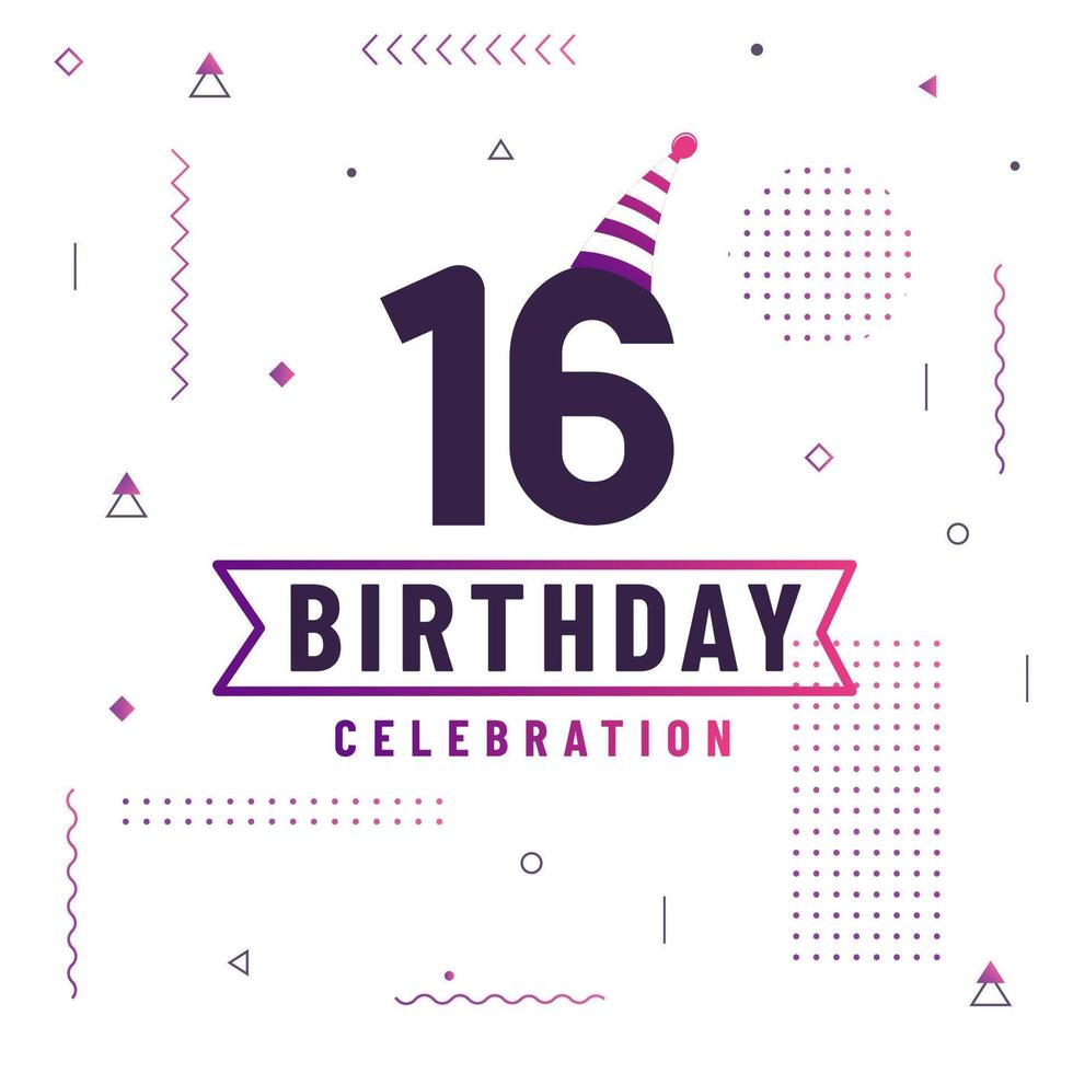 Tarjeta de saludos de cumpleaños de 16 años, vector libre de fondo de celebración de 16 cumpleaños.