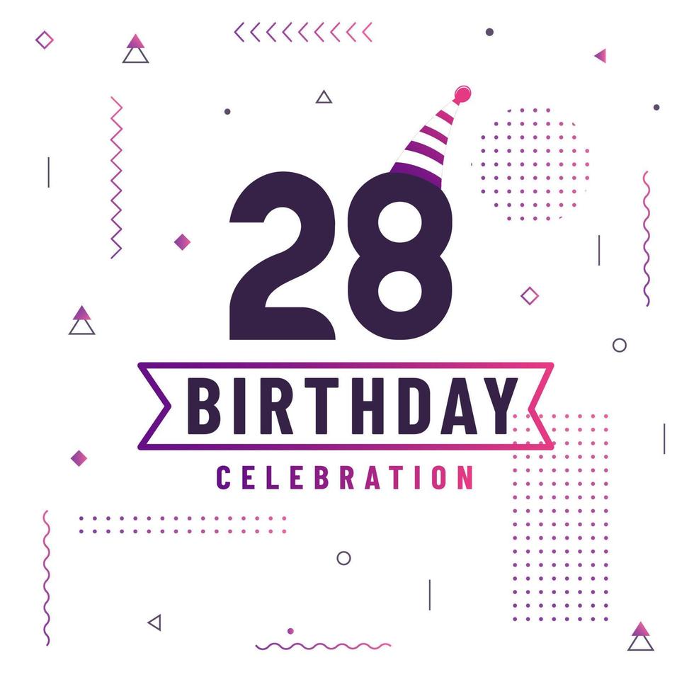 Tarjeta de saludos de cumpleaños de 28 años, vector libre de fondo de celebración de 28 cumpleaños.