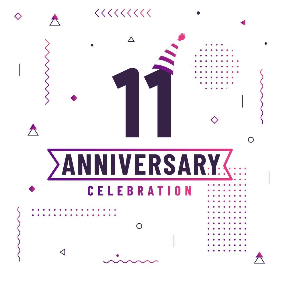 Tarjeta de saludos de aniversario de 11 años, vector libre de fondo de celebración de 11 aniversario.