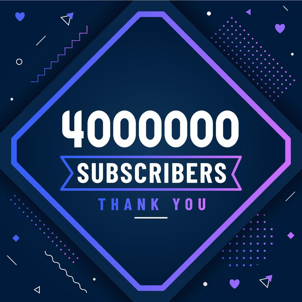 gracias 4000000 suscriptores, celebración de 4 millones de suscriptores diseño moderno y colorido. vector