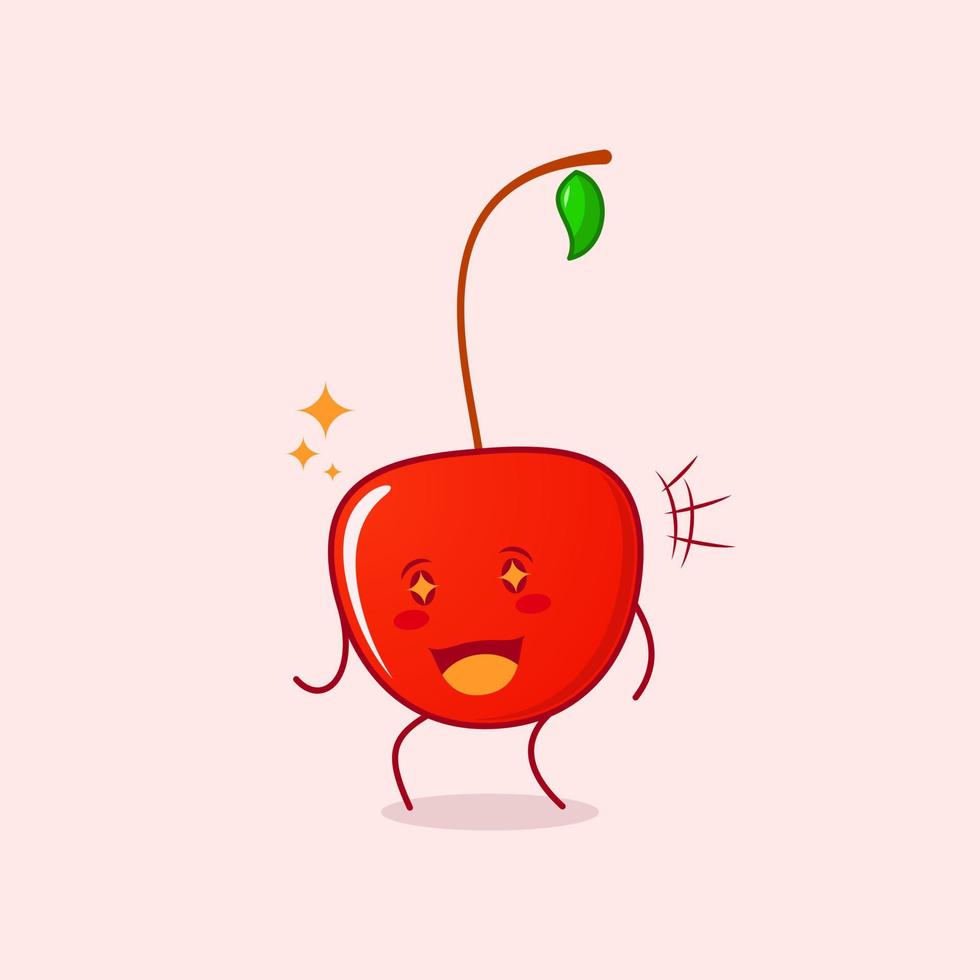 lindo personaje de dibujos animados de cereza con expresión feliz. boca abierta y ojos chispeantes. adecuado para logotipos, iconos, símbolos o mascotas. rojo y verde vector