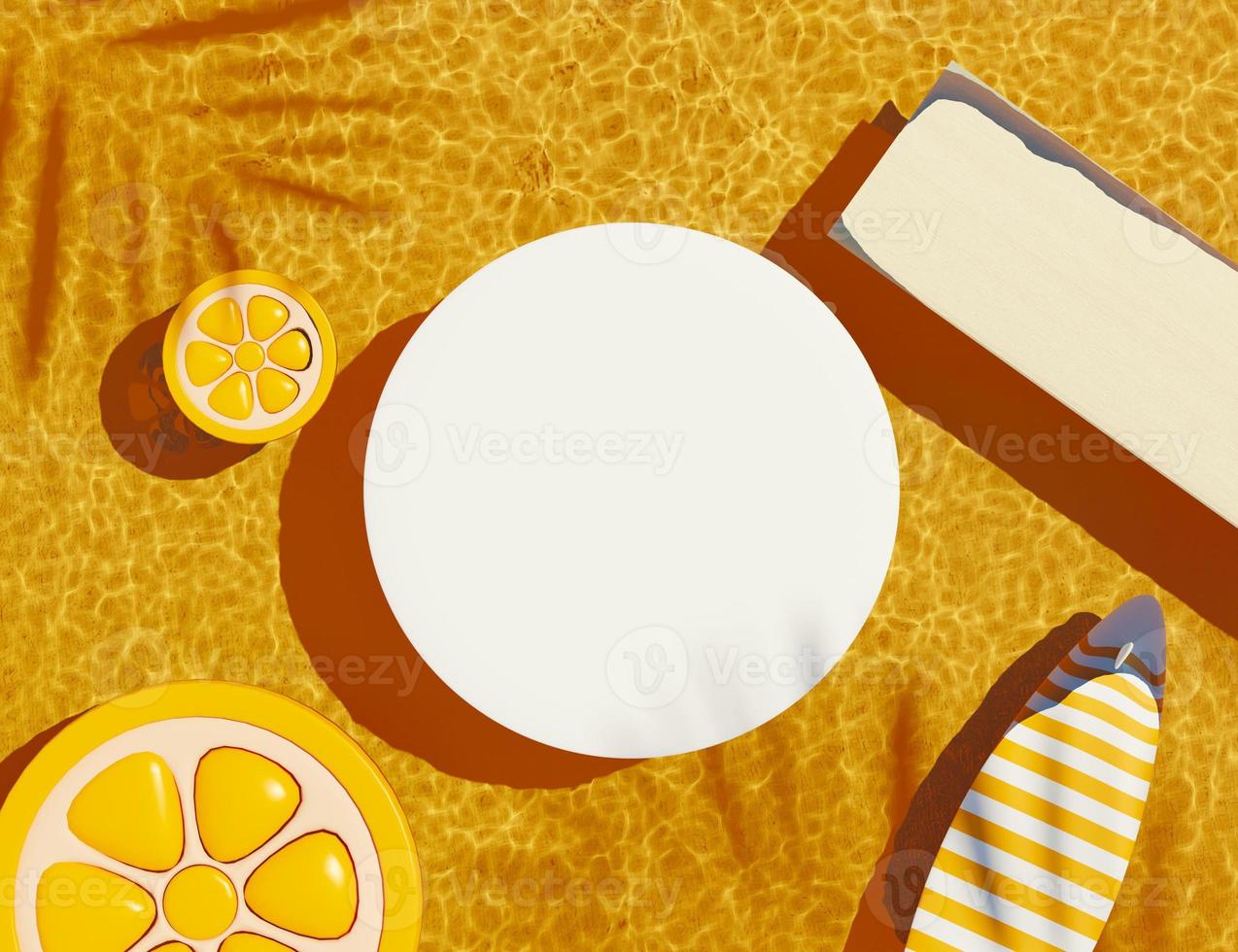3d render top view of white blank cylinder frame for mock up and display products with water Caustics below swimming pool or shiny rays. Ripple Caustics. Summer background. Creative idea concept. photo