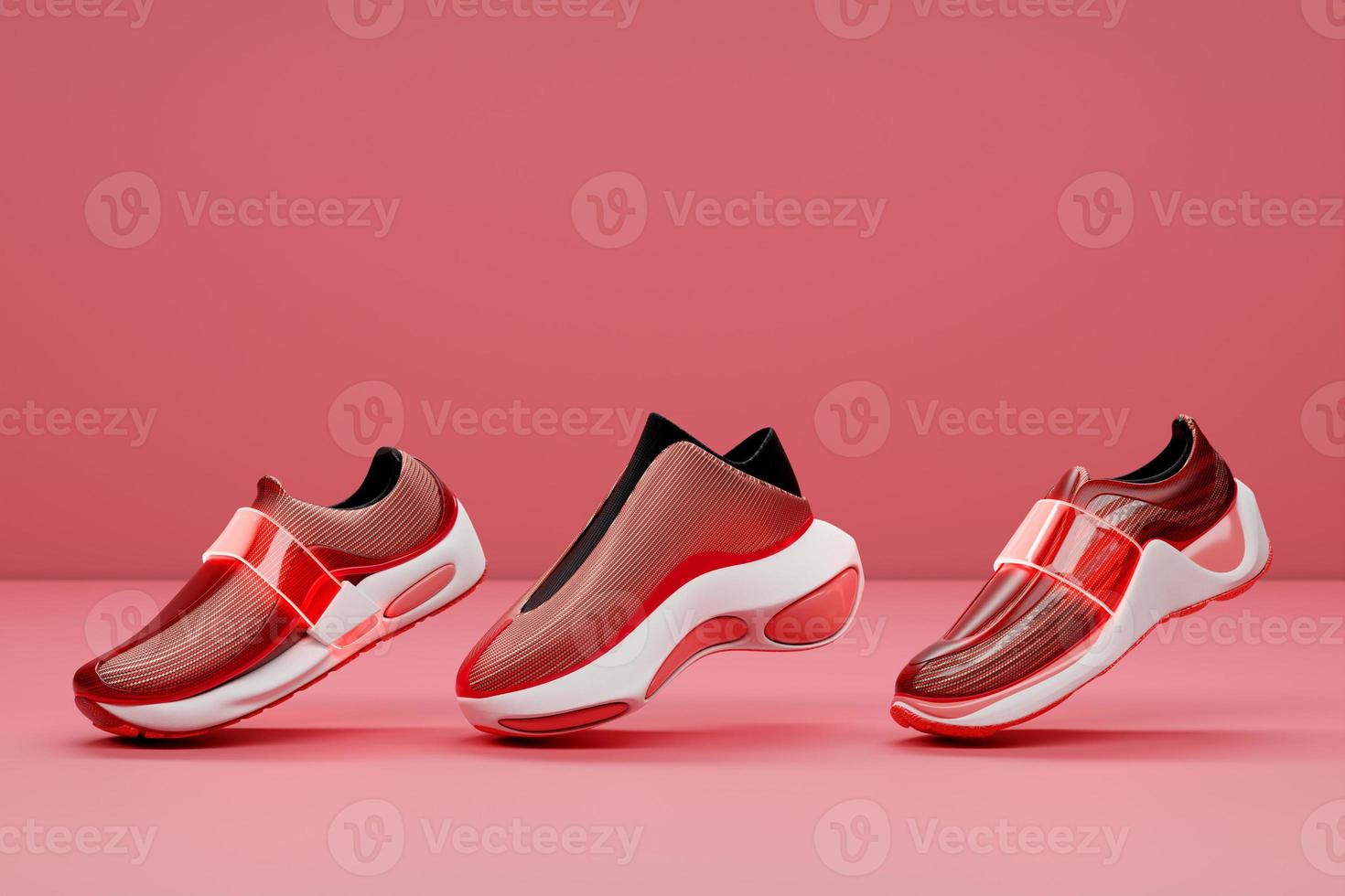 Set of the bright sports unisex sneakers in  pink and red  canvas with high  soles. 3d illustration photo
