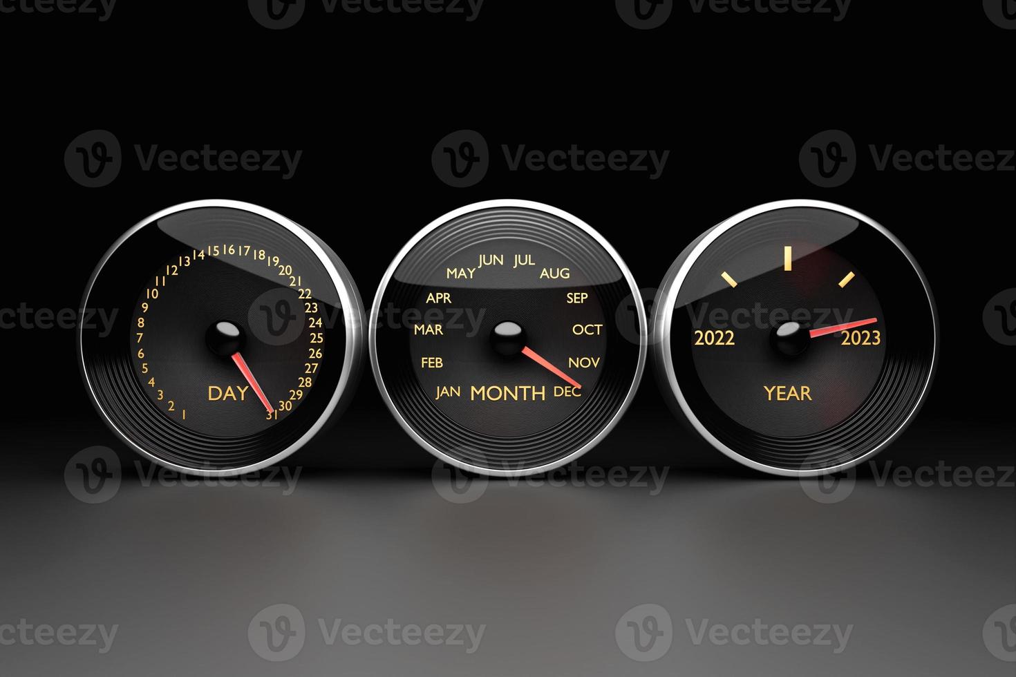 Black dashboard,  speedometer showing the year 2022,2023, months and days. 3D illustration photo