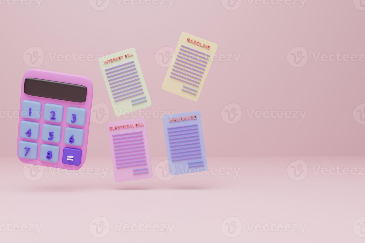 Pastel pink calculator and bills Against pastel pink background, 3d render, 3d illustration, modern color, minimalist design. photo