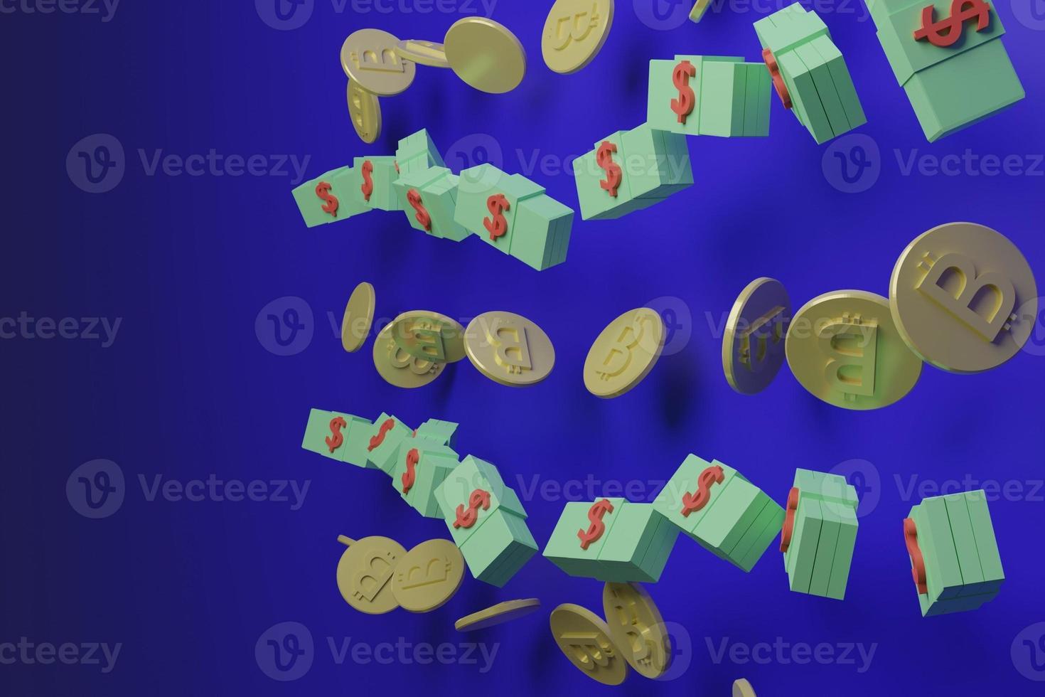 bitcoin and dollar coin with blue background and copy space,3d render, 3d illustration, modern color, minimalist design. photo