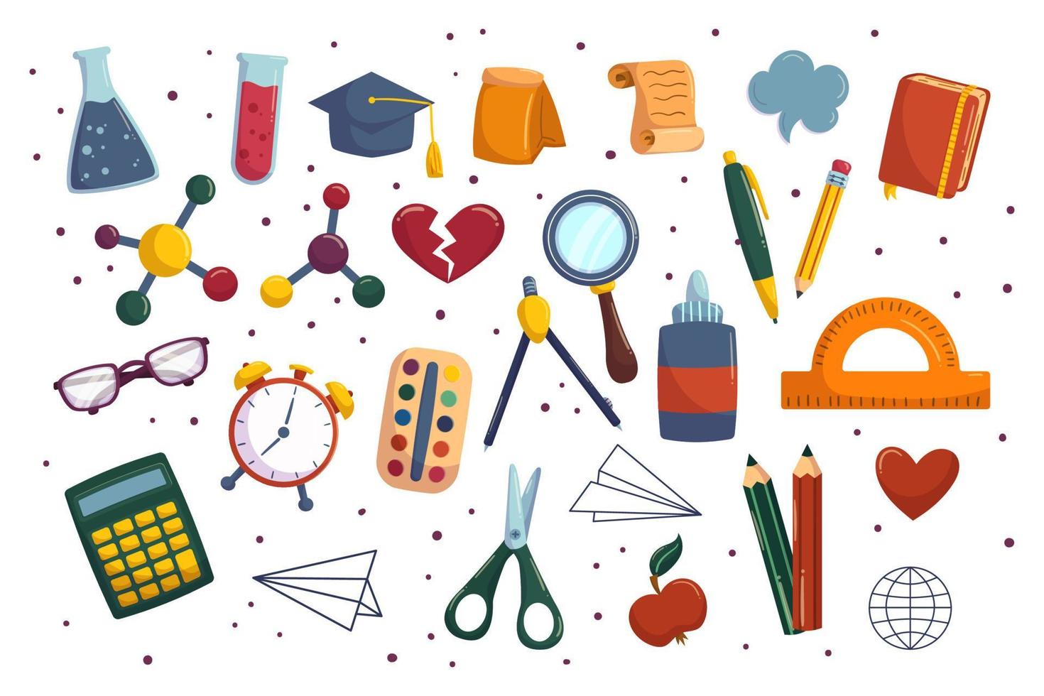 Cartoon collection with school equipment. Back to school supplies - chemistry tube and pencils, pen and scissors. Hand drawn vector illustrations.