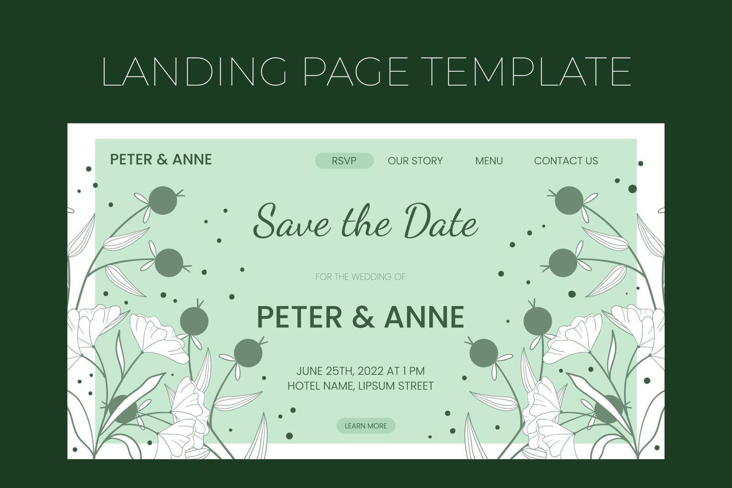 Floral wedding Landing page template in hand drawn doodle style, invitation card design with line flowers and leaves,  dots and berries. Vector decorative frame on white and green background.