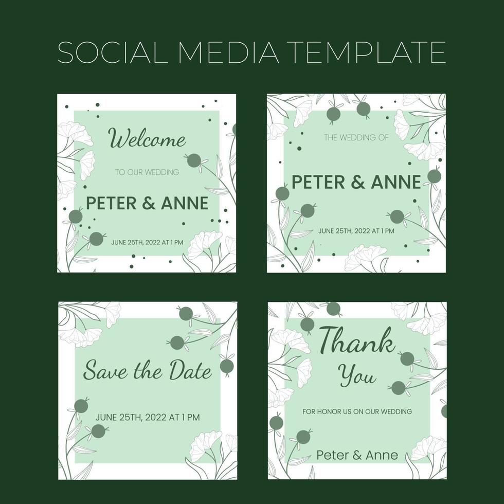 Floral wedding square social media template in hand drawn doodle style, invitation card design with line flowers and leaves,  dots and berries. Vector decorative frame on white and green background.