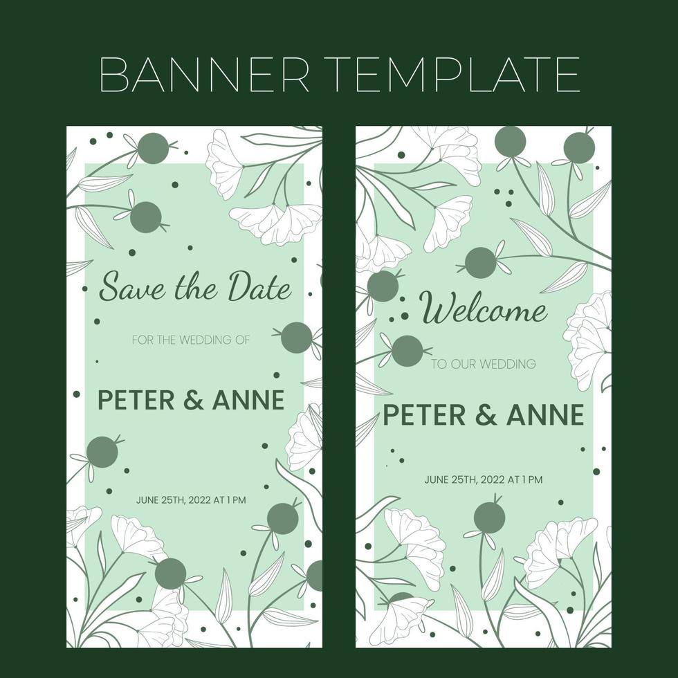 Floral wedding vertical banner template in hand drawn doodle style, invitation card design with line flowers and leaves,  dots and berries. Vector decorative frame on white and green background.