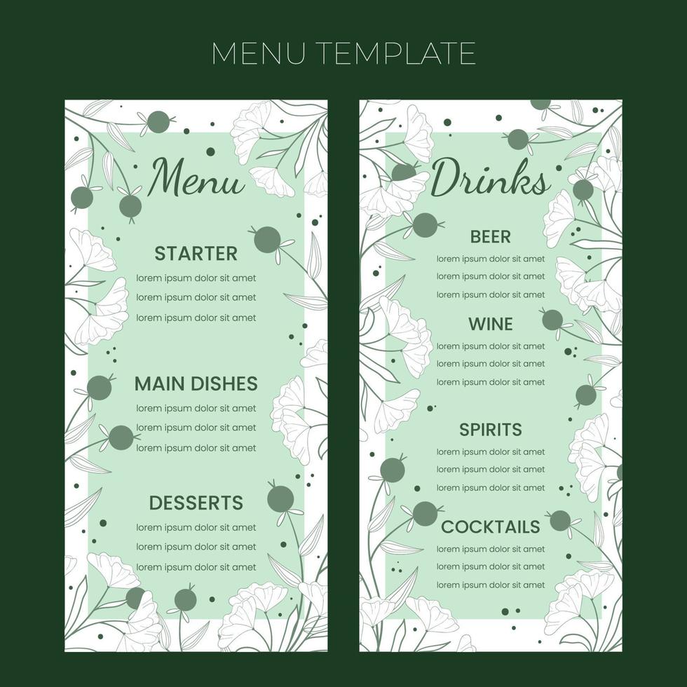 Floral wedding Menu template in hand drawn doodle style, invitation card design with line flowers and leaves,  dots and berries. Vector decorative frame on white and green background.