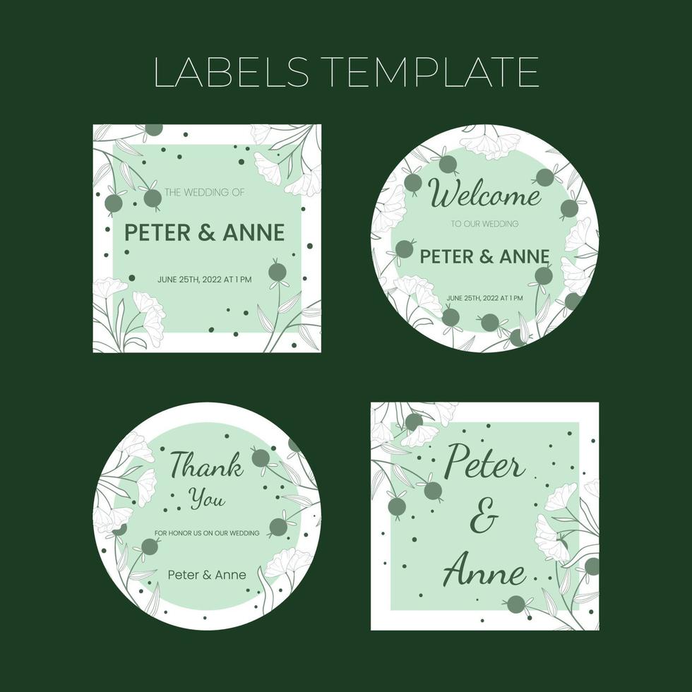 Floral wedding Labels template in hand drawn doodle style, invitation card design with line flowers and leaves,  dots and berries. Vector decorative frame on white and green background.