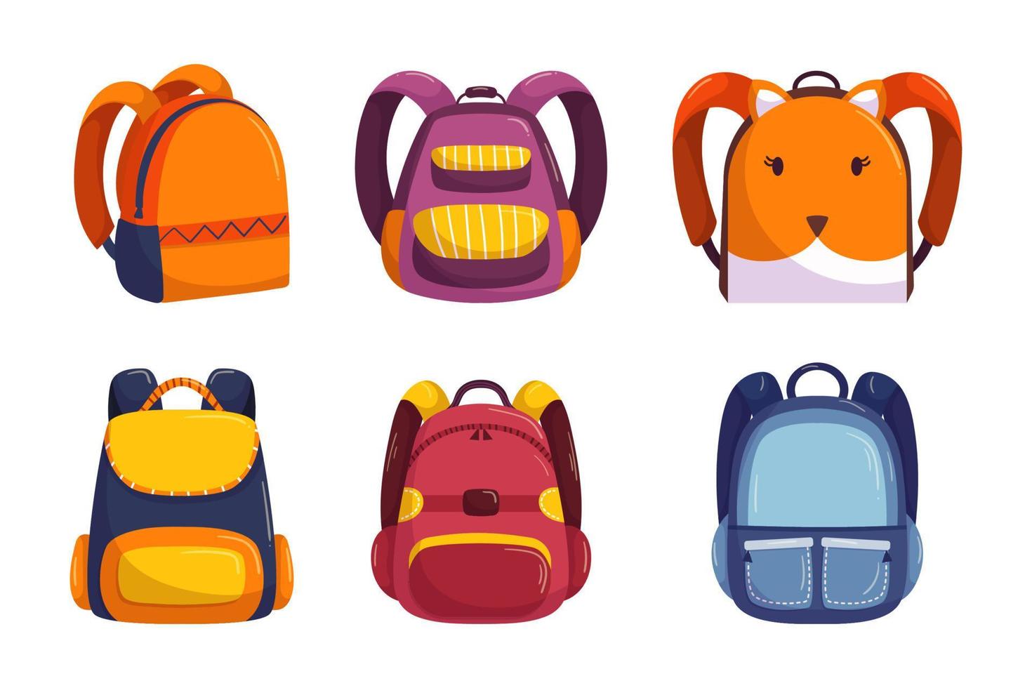 School bag collection in flat hand drawn vector style. Set of different kids backpacks for school. Back to school autumn elements
