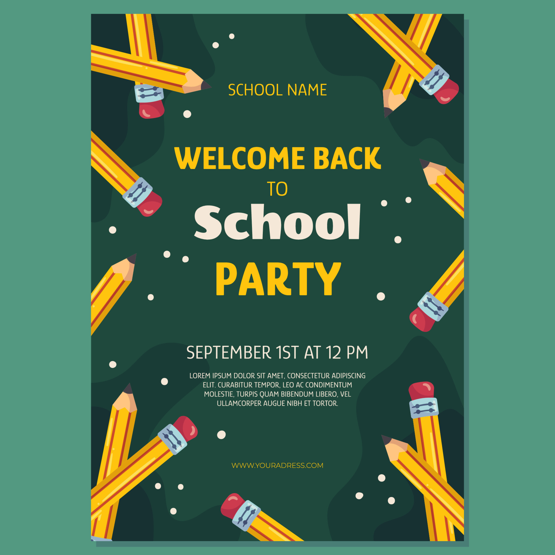 Back to school party poster template with classic yellow pencil with eraser  on it. The pencils are arranged in a circle against a green school  chalkboard. 10090152 Vector Art at Vecteezy