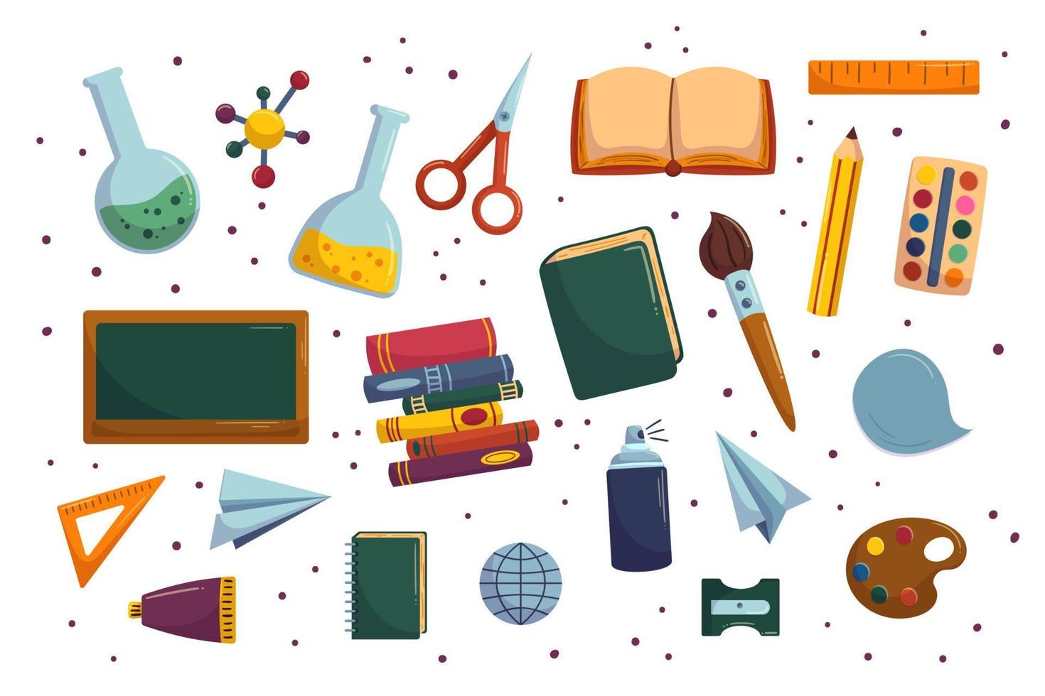 Cartoon collection with school equipment. Back to school supplies - chalkboard and books, chemistry tube. Hand drawn vector illustrations.