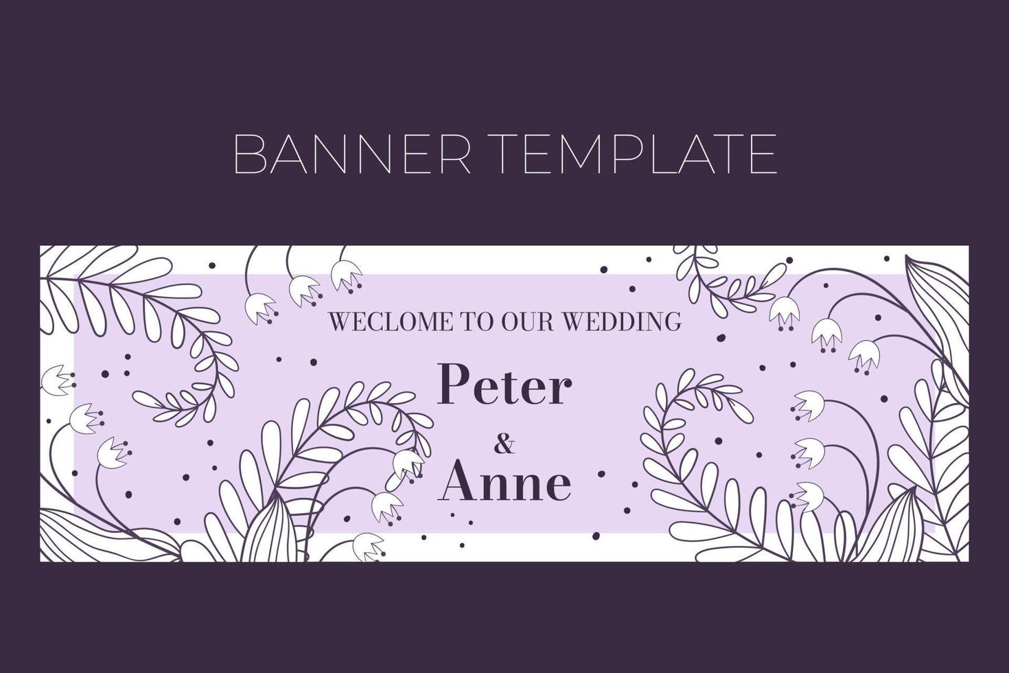 Floral wedding horizontal banner template in hand drawn doodle style, Welcome to our wedding invitation card design with line flowers, leaves, fern and dots. Vector decorative frame