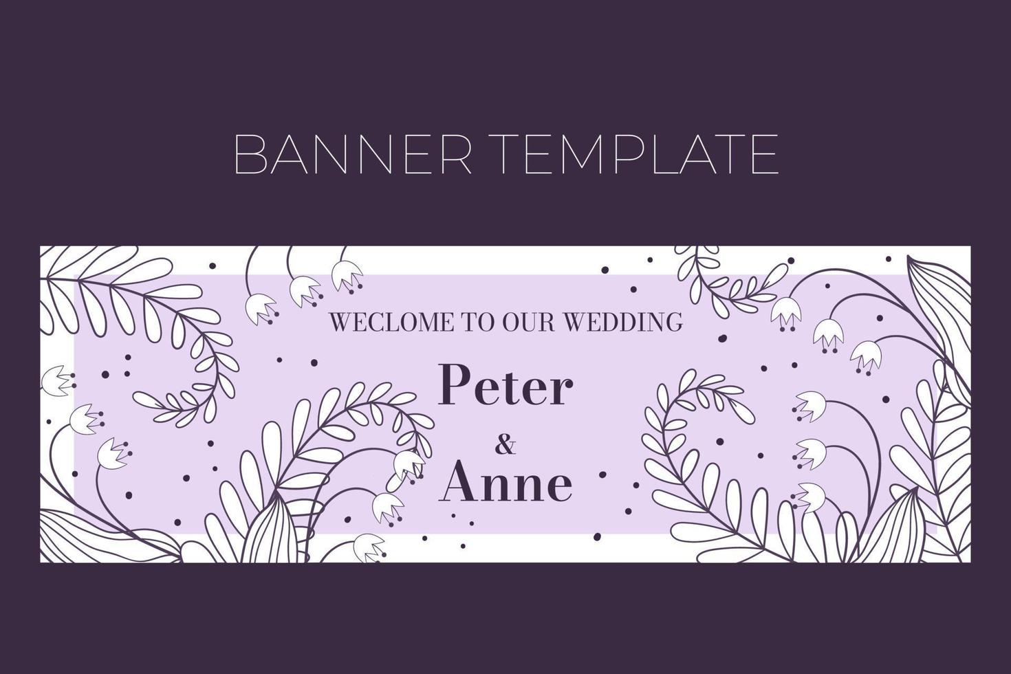 plantilla de banner horizontal de boda floral en estilo de garabato dibujado a mano, bienvenido a nuestro diseño de tarjeta de invitación de boda con flores de línea, hojas, helechos y puntos. marco decorativo vectorial vector