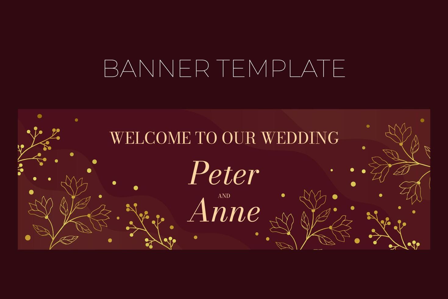 Floral wedding horizontal banner template in elegant golden style, Welcome to our wedding, invitation card design with gold flowers with leaves, dots and berries. Vector decorative frame  on rich red