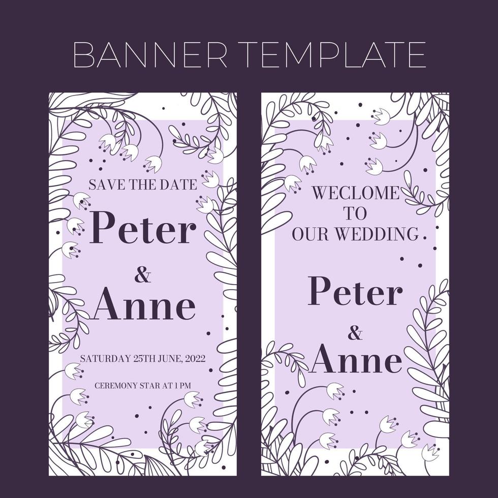 Floral wedding vertical banner template in hand drawn doodle style, invitation card design with line flowers, leaves, fern and dots. Vector decorative frame on white and lilac background.