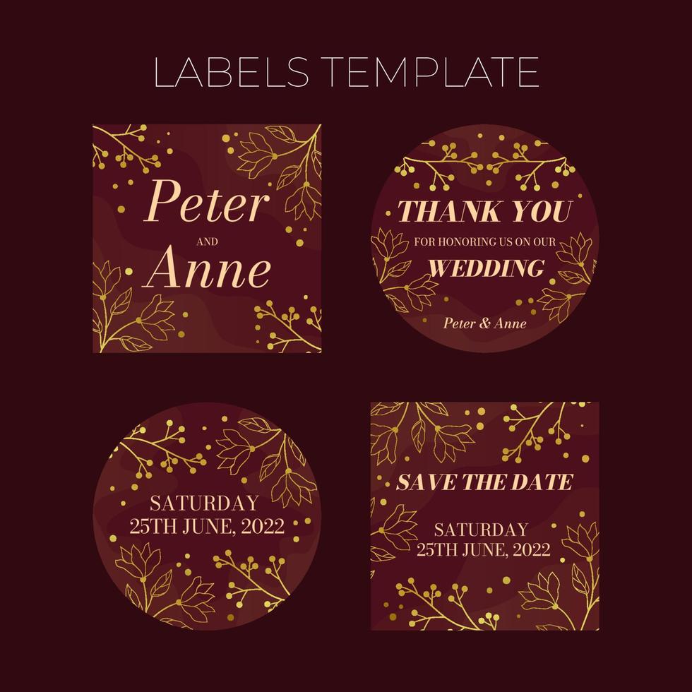 Floral wedding Labels template in elegant golden style, invitation card design with gold flowers with leaves, dots and berries. Vector decorative frame  on rich red background.