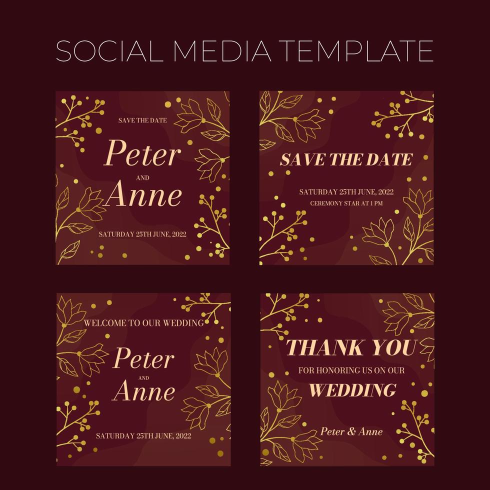 Floral wedding square social media template in elegant golden style, invitation card design with gold flowers with leaves, dots and berries. Vector decorative frame  on rich red background.