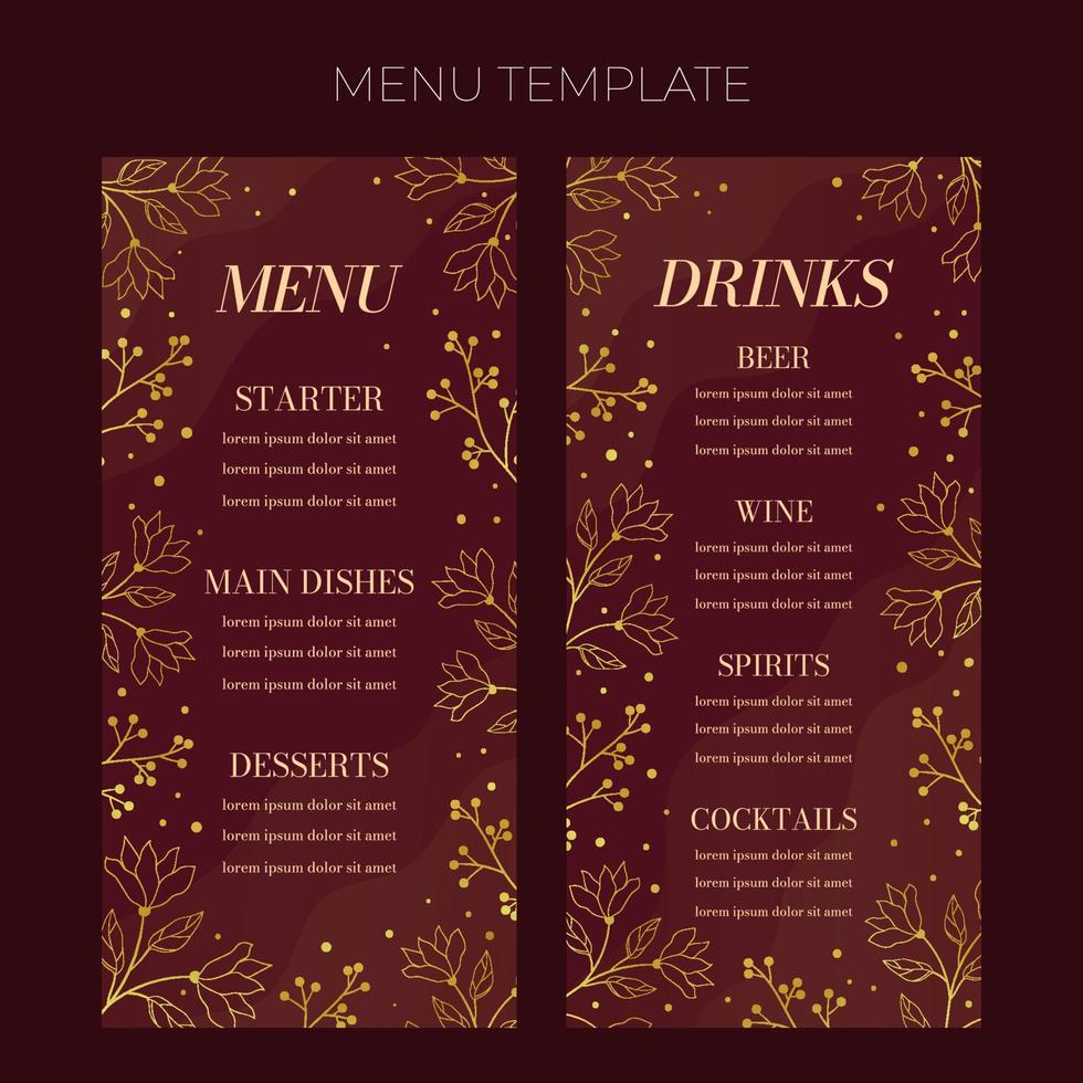 Floral wedding Menu template in elegant golden style, invitation card design with gold flowers with leaves, dots and berries. Vector decorative frame  on rich red background.
