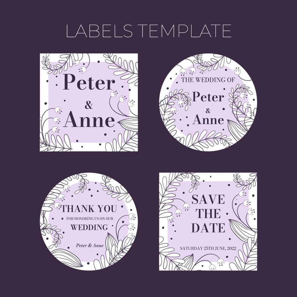 Floral wedding Labels template in hand drawn doodle style, invitation card design with line flowers, leaves, fern and dots. Vector decorative frame on white and lilac background.