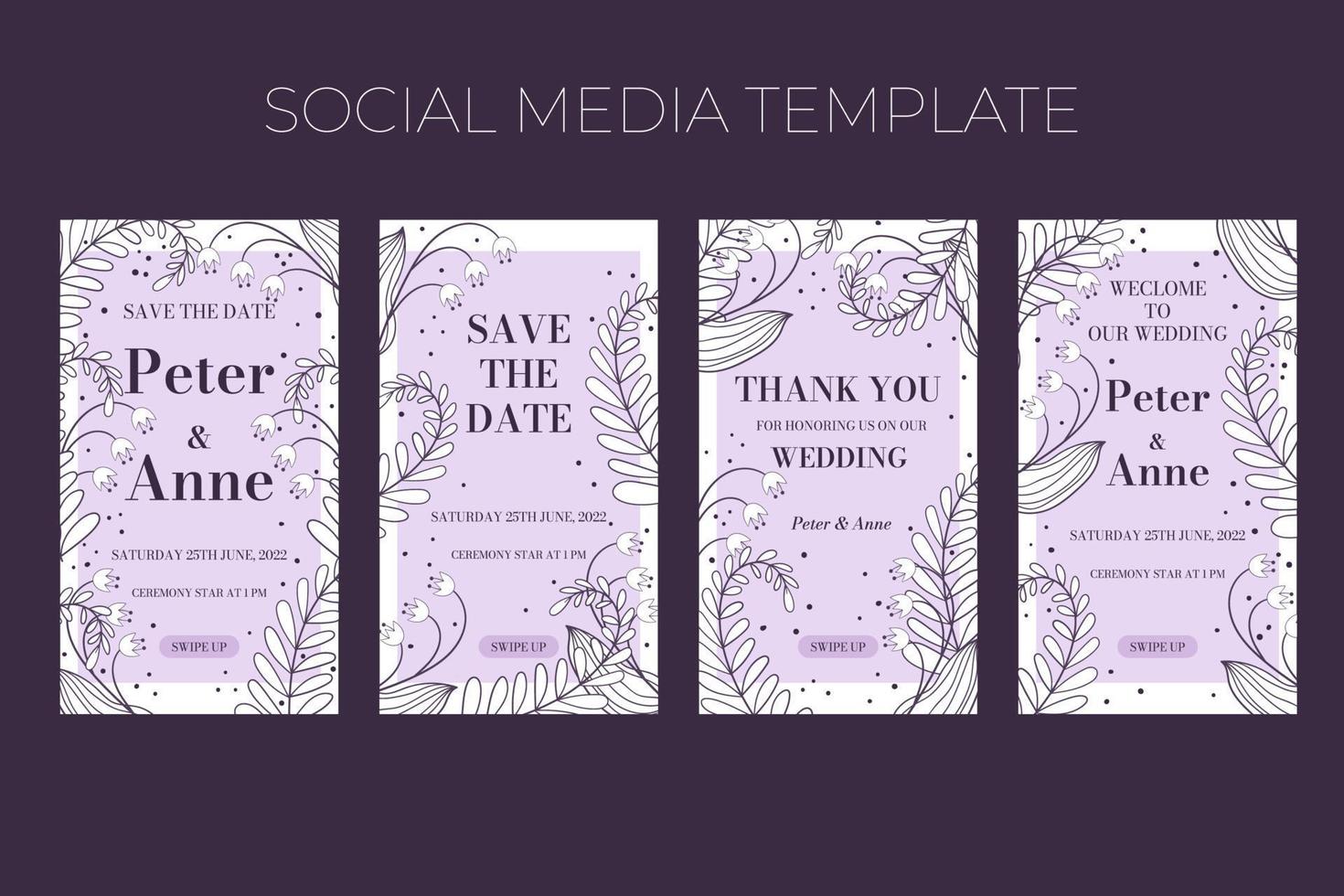 Floral wedding vertical social media template in hand drawn doodle style, invitation card design with line flowers, leaves, fern and dots. Vector decorative frame on white and lilac background.