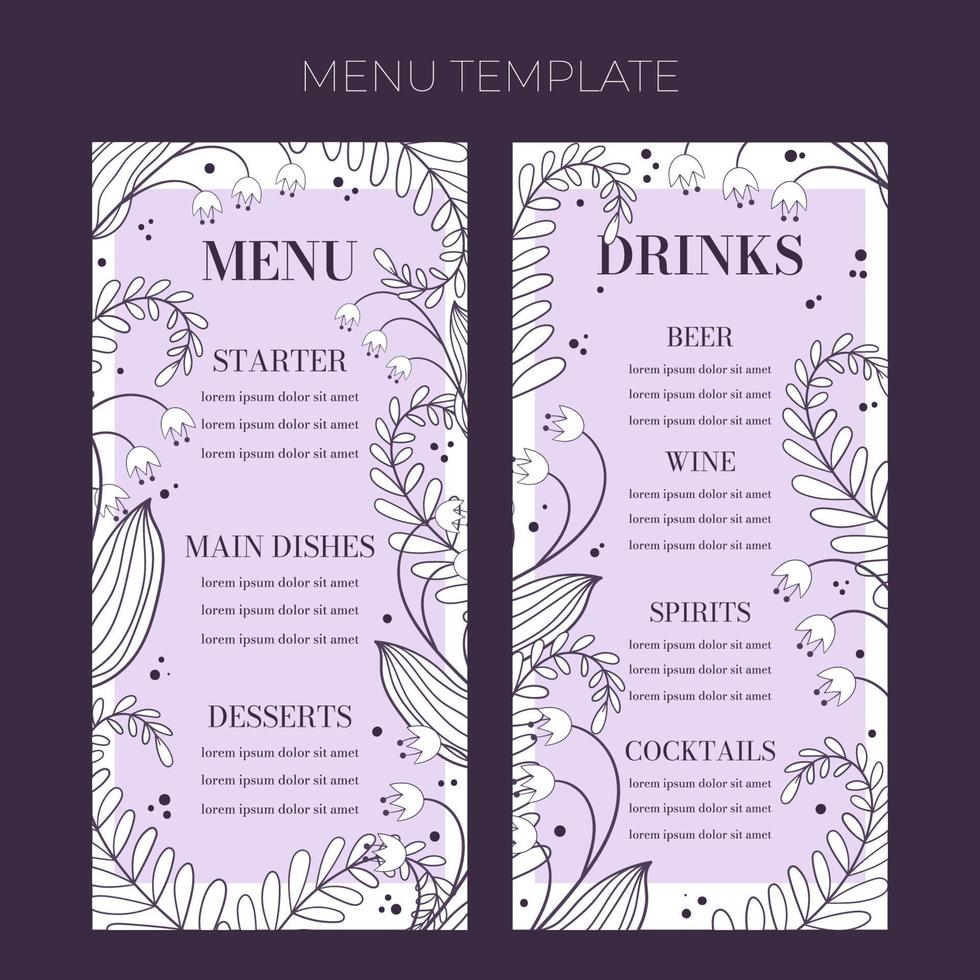 Floral wedding Menu template in hand drawn doodle style, invitation card design with line flowers, leaves, fern and dots. Vector decorative frame on white and lilac background.