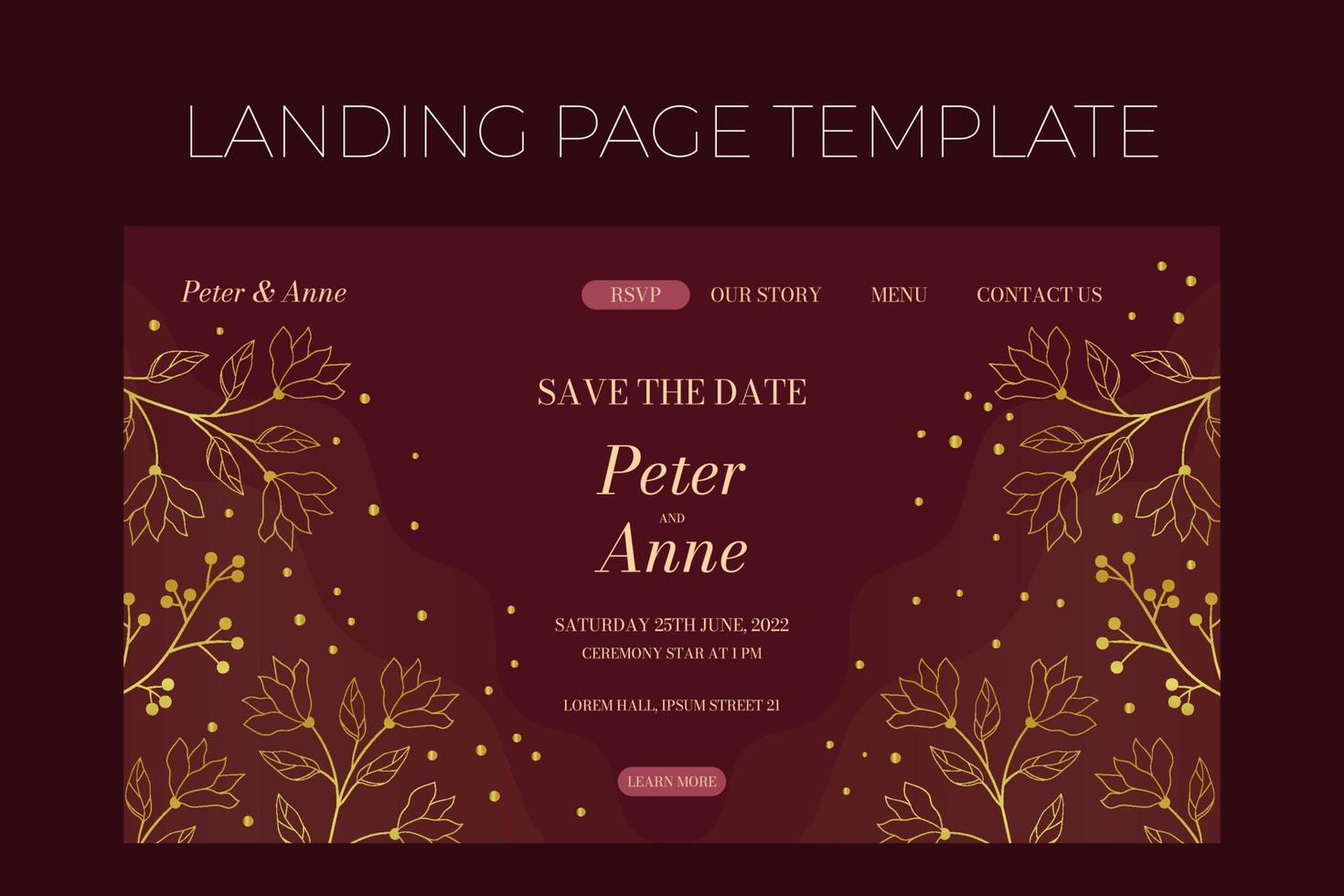 Floral wedding Landing page template in elegant golden style, invitation card design with gold flowers with leaves, dots and berries. Vector decorative frame  on rich red background.