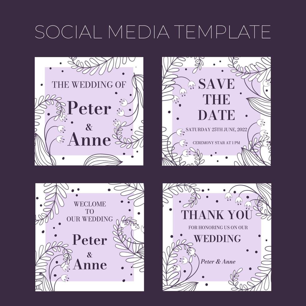 Floral wedding square social media  template in hand drawn doodle style, invitation card design with line flowers, leaves, fern and dots. Vector decorative frame on white and lilac background.