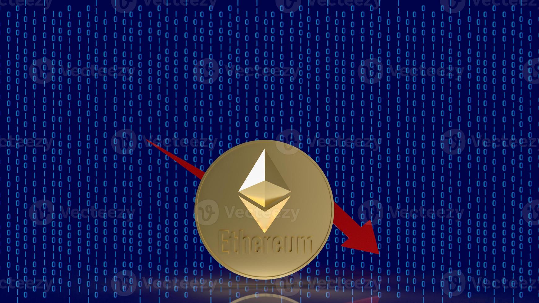 The  ethereum coin and red arrow chart on digital background 3d rendering photo