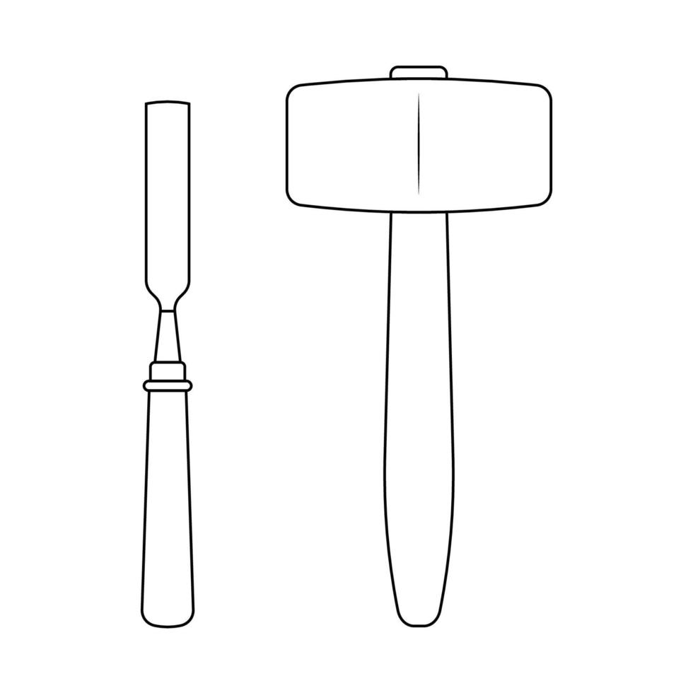 Mallet and Chisel Outline Icon Illustration on White Background