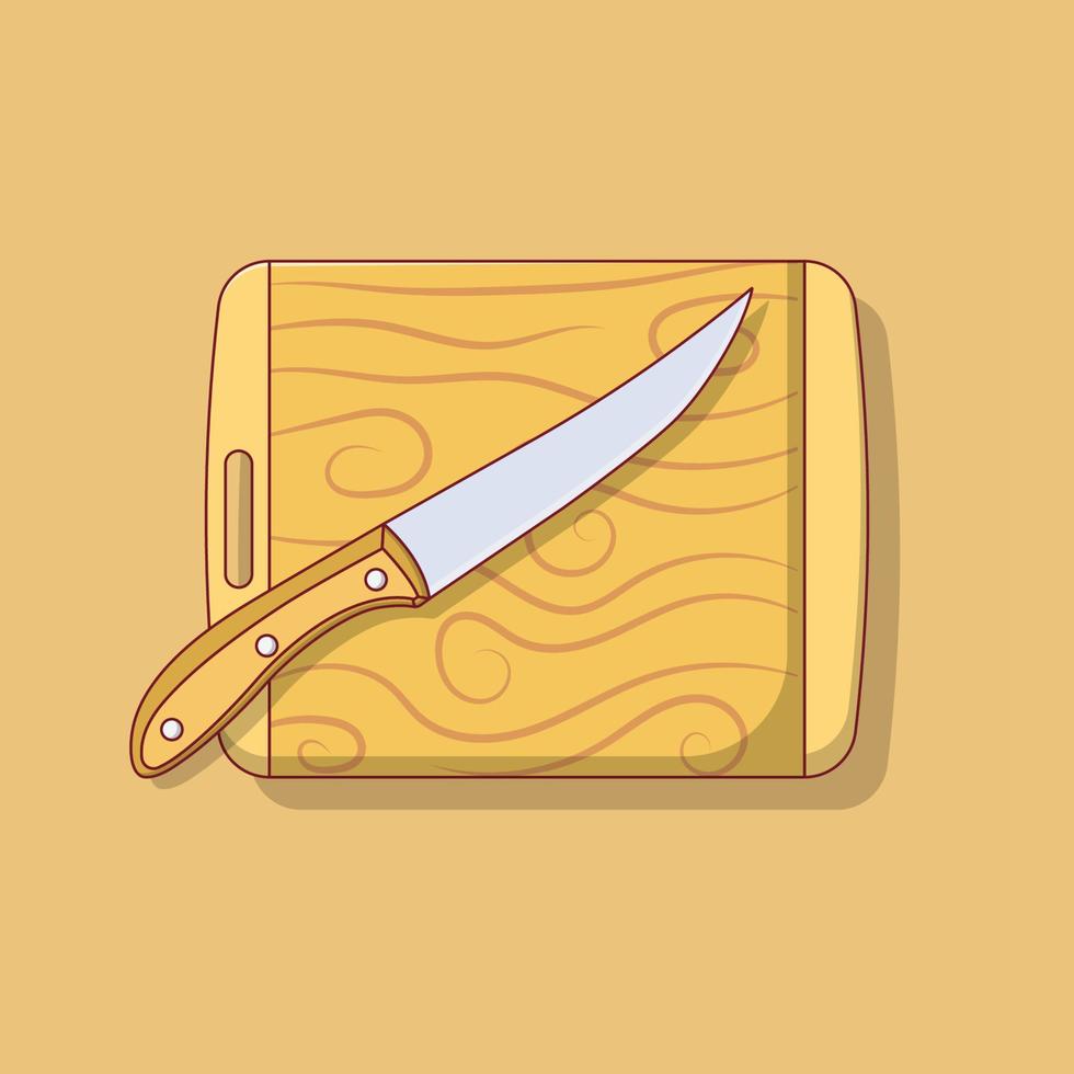 Wooden Chopping Board and Knife Vector Icon Illustration with Outline for Design Element, Clip Art, Web, Landing page, Sticker, Banner. Flat Cartoon Style