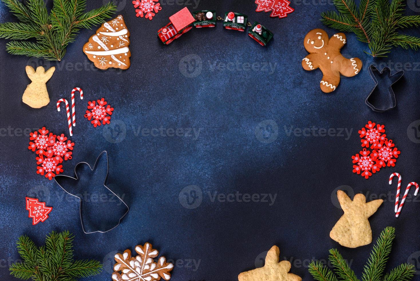 Delicious gingerbread cookies with honey, ginger and cinnamon. Christmas composition photo