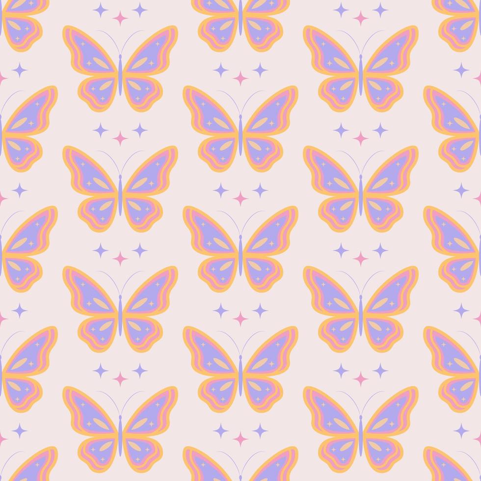 Seamless groovy pattern with retro butterflies and sparkles. Retro 70s 60s hippie vector illustration on a beige background