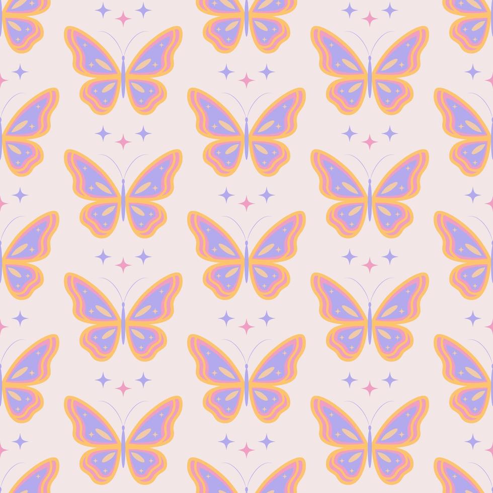 patrón maravilloso sin costuras con mariposas retro y destellos. retro 70s 60s hippie ilustración vectorial sobre un fondo beige vector