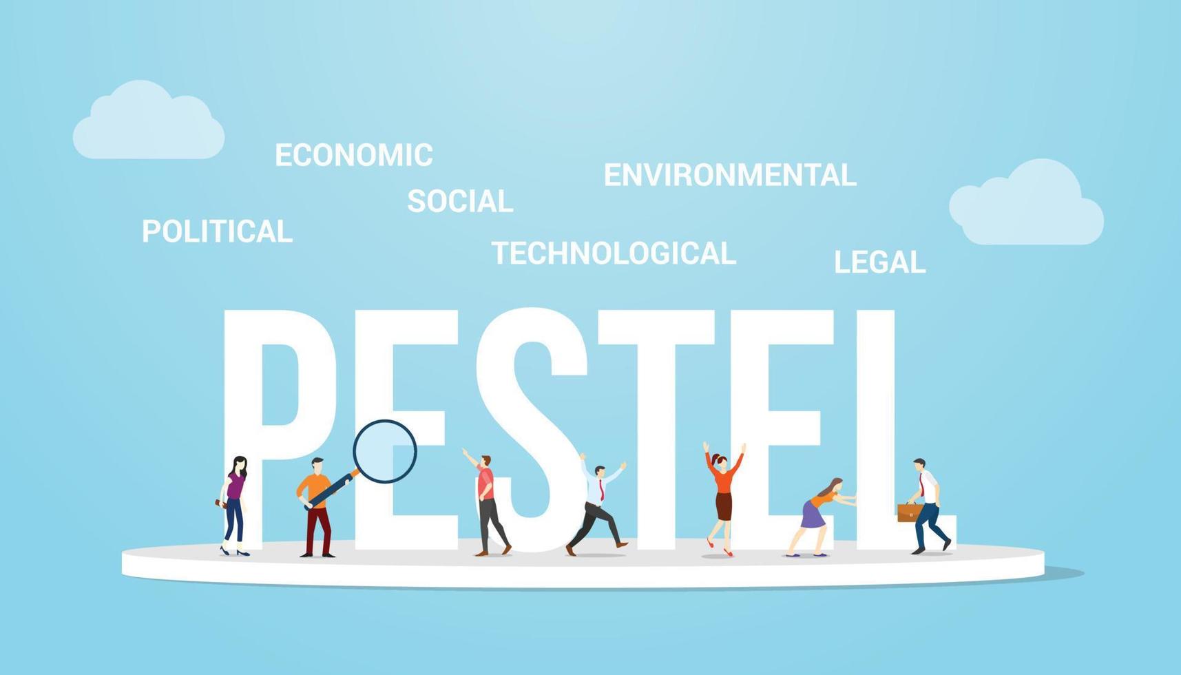 pestel o político económico social tecnológico ambiental legal concepto de palabra grande con análisis de personas con estilo plano moderno vector